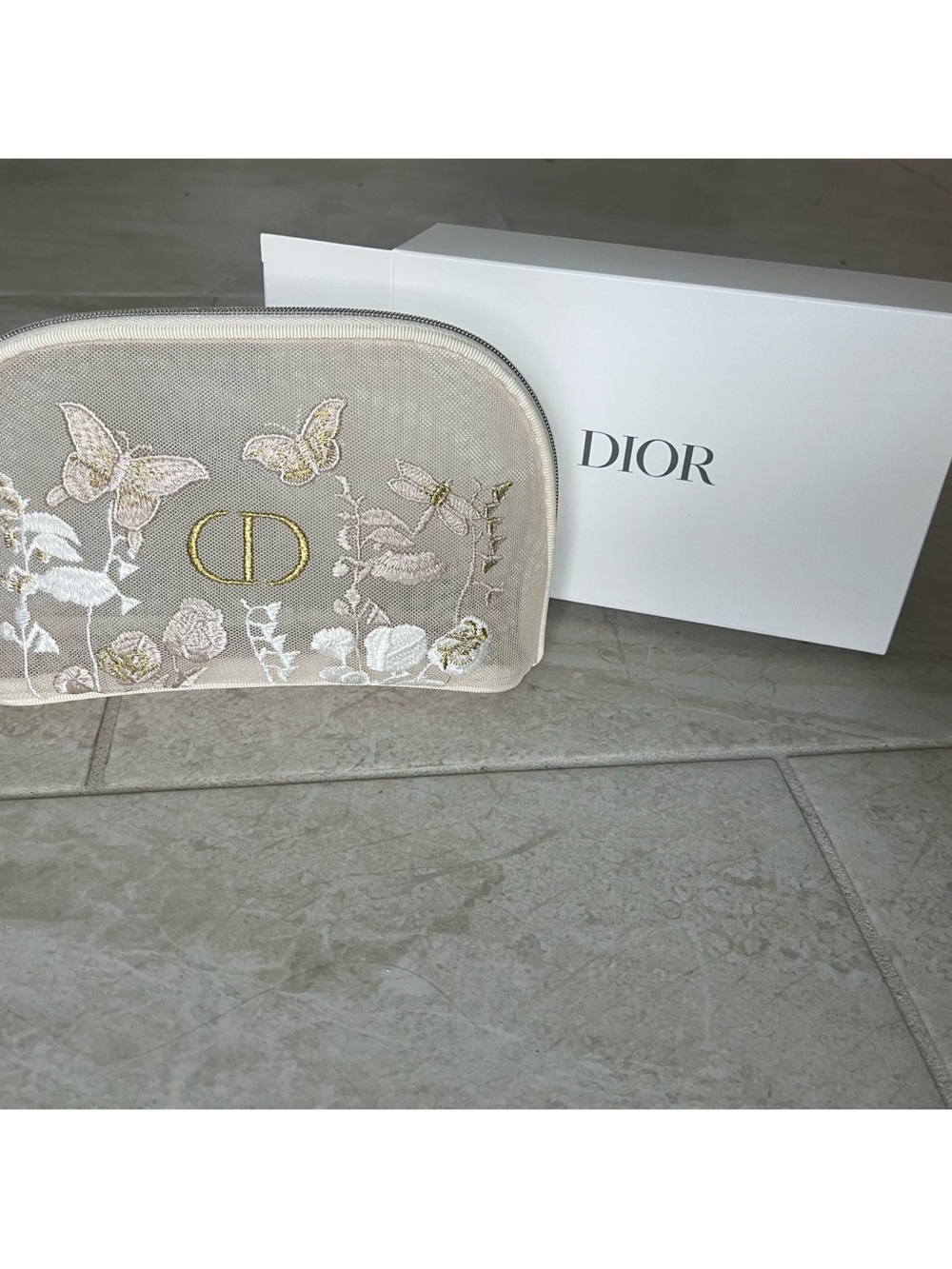 Dior Beige Embroidered Floral Cosmetic Pouch with Gold CD Emblem